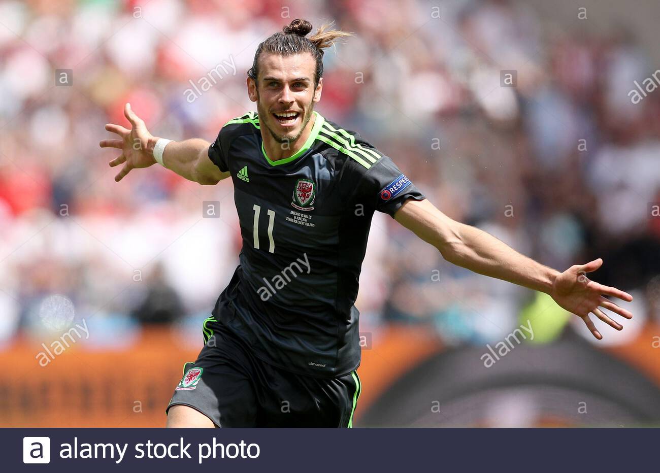 File Photo Dated 16 06 16 Of Wales Gareth Bale Celebrates Scoring His Side S First Goal Of The Game During The Uefa Euro 16 Group B Match At The Stade Felix Bollaert Delelis Lens Stock