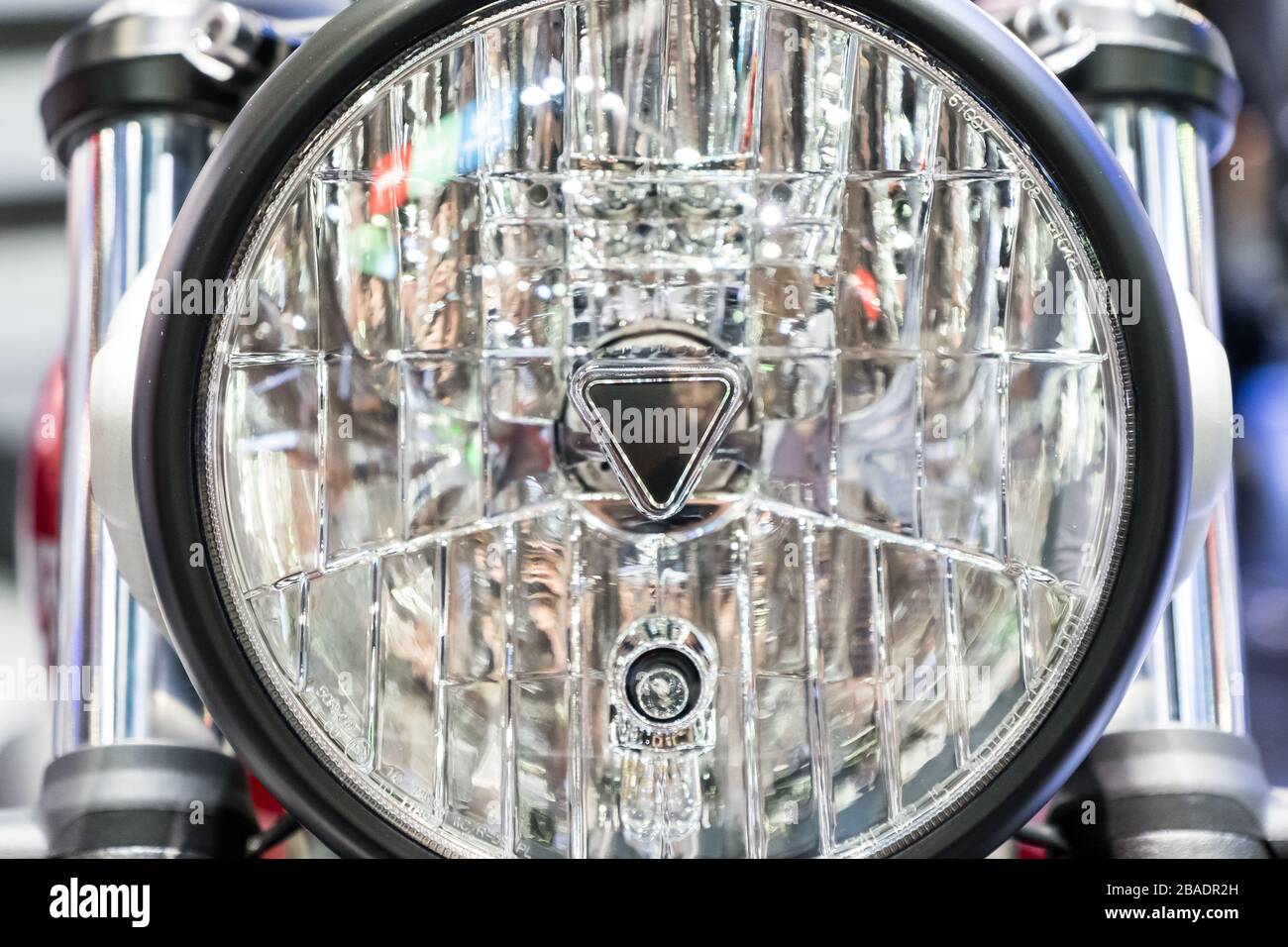 Closeup of the new cycle headlight on the modern motorcycle Stock Photo
