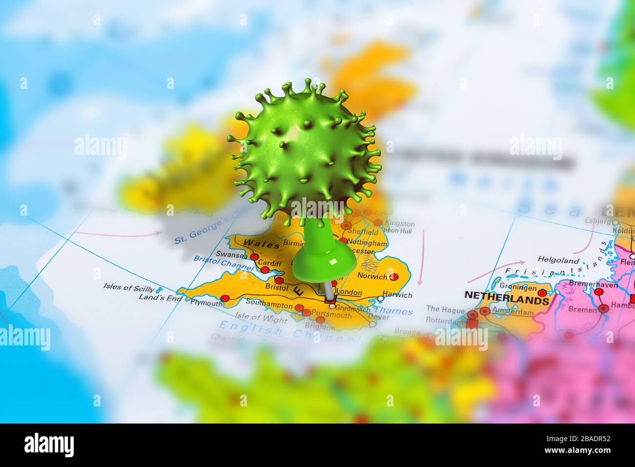 Covid-19 outbreak or new Coronavirus, 2019-nCoV, virus pin in London on map of United Kingdom. Covid 19-NCP virus: contagion and propagation of Stock Photo