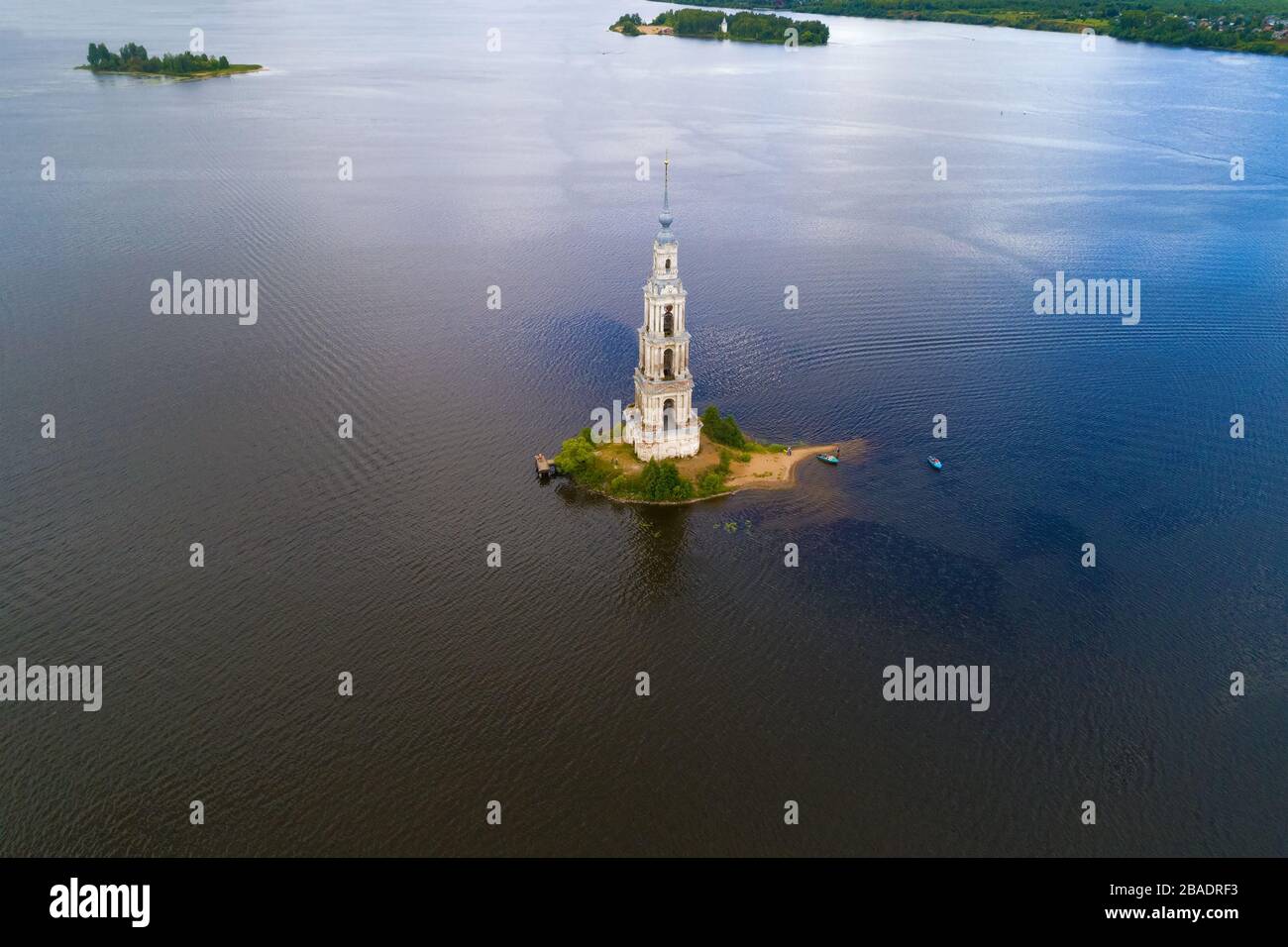 The ancient bell tower of St. Nicholas Cathedral on the Uglich Reservoir (aerial photo). Kalyazin, Russia Stock Photo