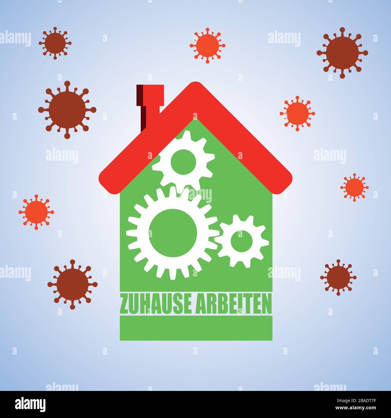 Work at home written in German language which is Zuhause Arbeiten green home with gearwheels and viruses in the air. Stock Vector