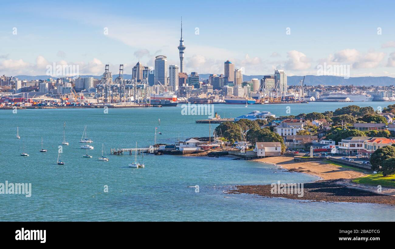 A view of Devonport and Auckland city skyline from North Head. Stock Photo