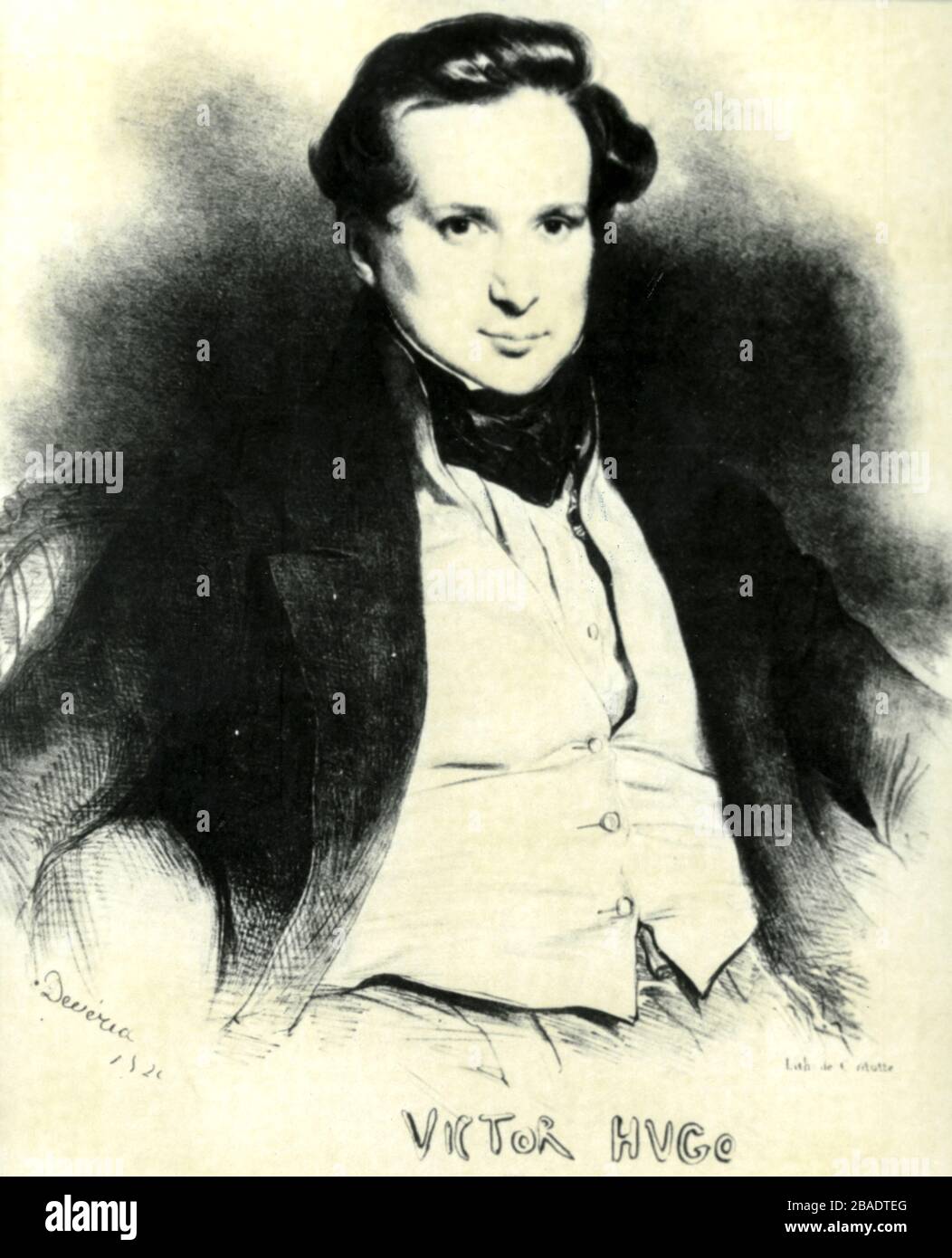 victor hugo, etching by charles etienne pierre motte, made by eugene deveria, 1829 Stock Photo