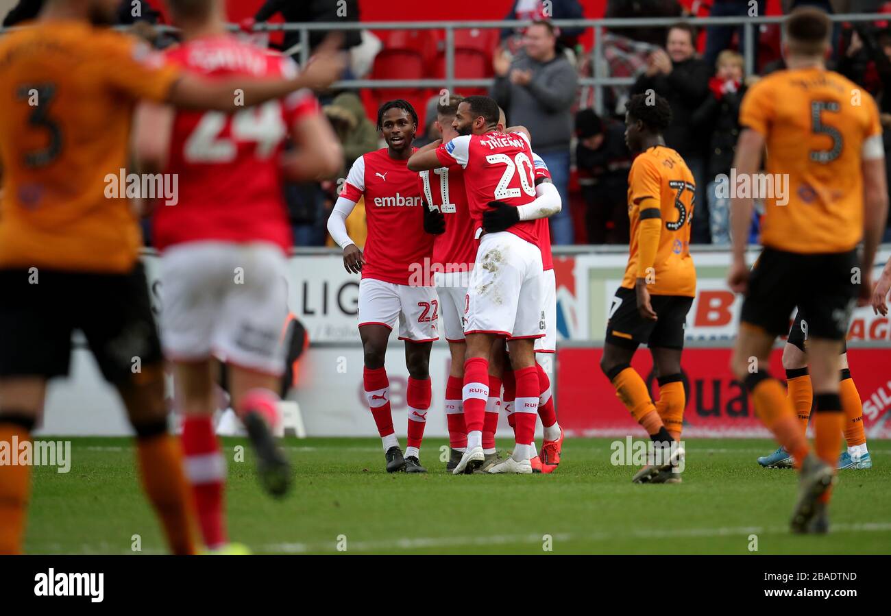 Rotherham United's Kyle Vassell (hidden) celebrates scoring his side's ...