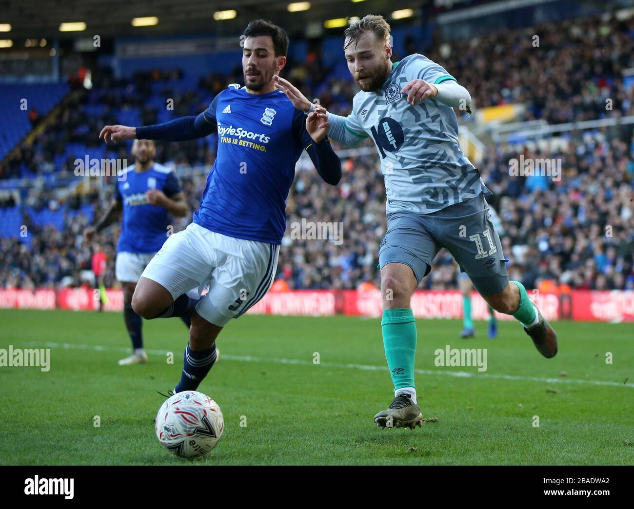 Birmingham City's Maxime Colin and Blackburn Rovers' Harry Chapman during the FA Cup Third Round match at St Andrew's Trillion Trophy Stadium Stock Photo