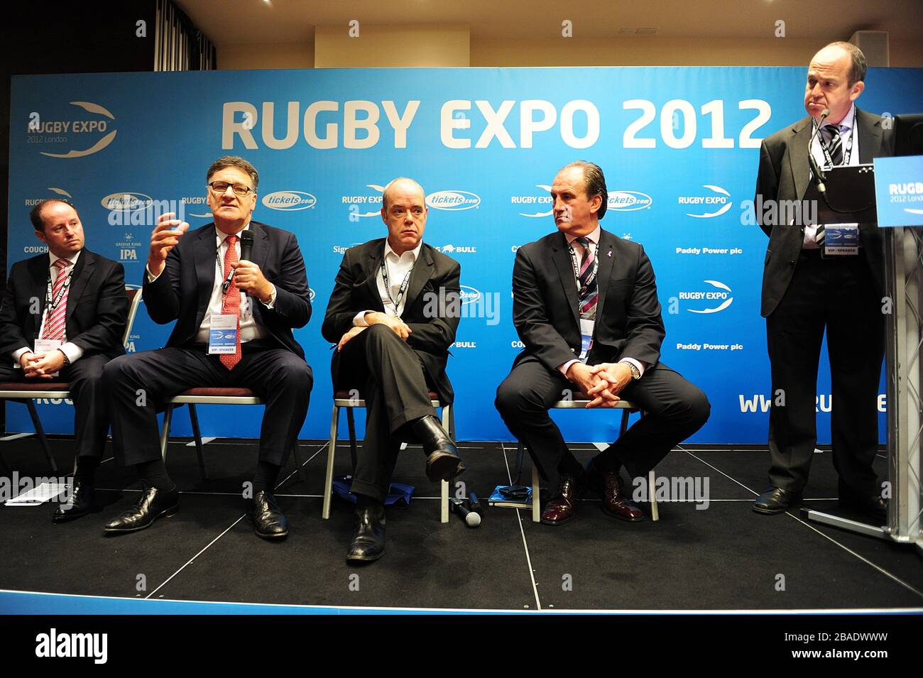 Rod O'Callaghan of Paddy Power, Brendan Guilfoyle of P&A Partnership, Simon Gillham of Brive RC, Simon Norster of Engagesport LLC and Roger Blitz of the FInancial Times (left to right) speak on Day One of the Rugby Expo 2012 Stock Photo
