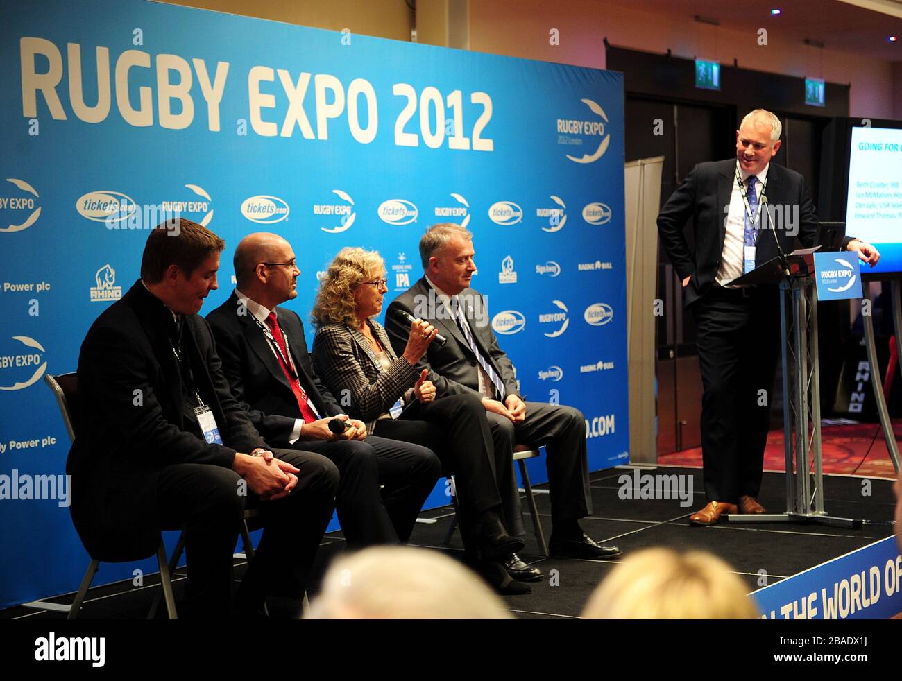 IRB Tournament Operations Manager Beth Coulter (centre) speaks at the end of Day One of the Rugby Expo 2012 as ESPN Rugby commentator Nick Mullins (right), Rugby Union of Russion Executive Vice-President Howard Thomas (second right), Hong Kong RFU CEO Ian McMahon (second left) and USA Sevens Tournament Director Dan Lyle (left) look on Stock Photo