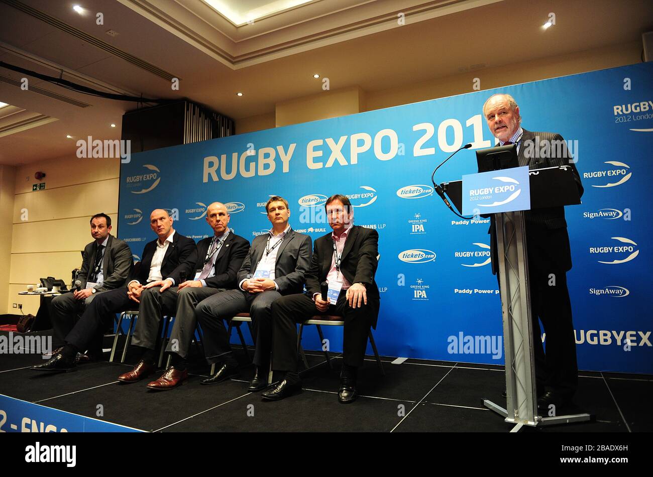 TalkSport's John Taylor (right) hosts a talk with (left to right) Head of Rugby Growth for the RFU Alistair Marks, Former England captain Lawrence Dallaglio, Mark Egan from the IRB, SRU's Nick Rennie and Mark Mccafferty from Premiership Rugby during Day Two of the Rugby Expo 2012 Stock Photo
