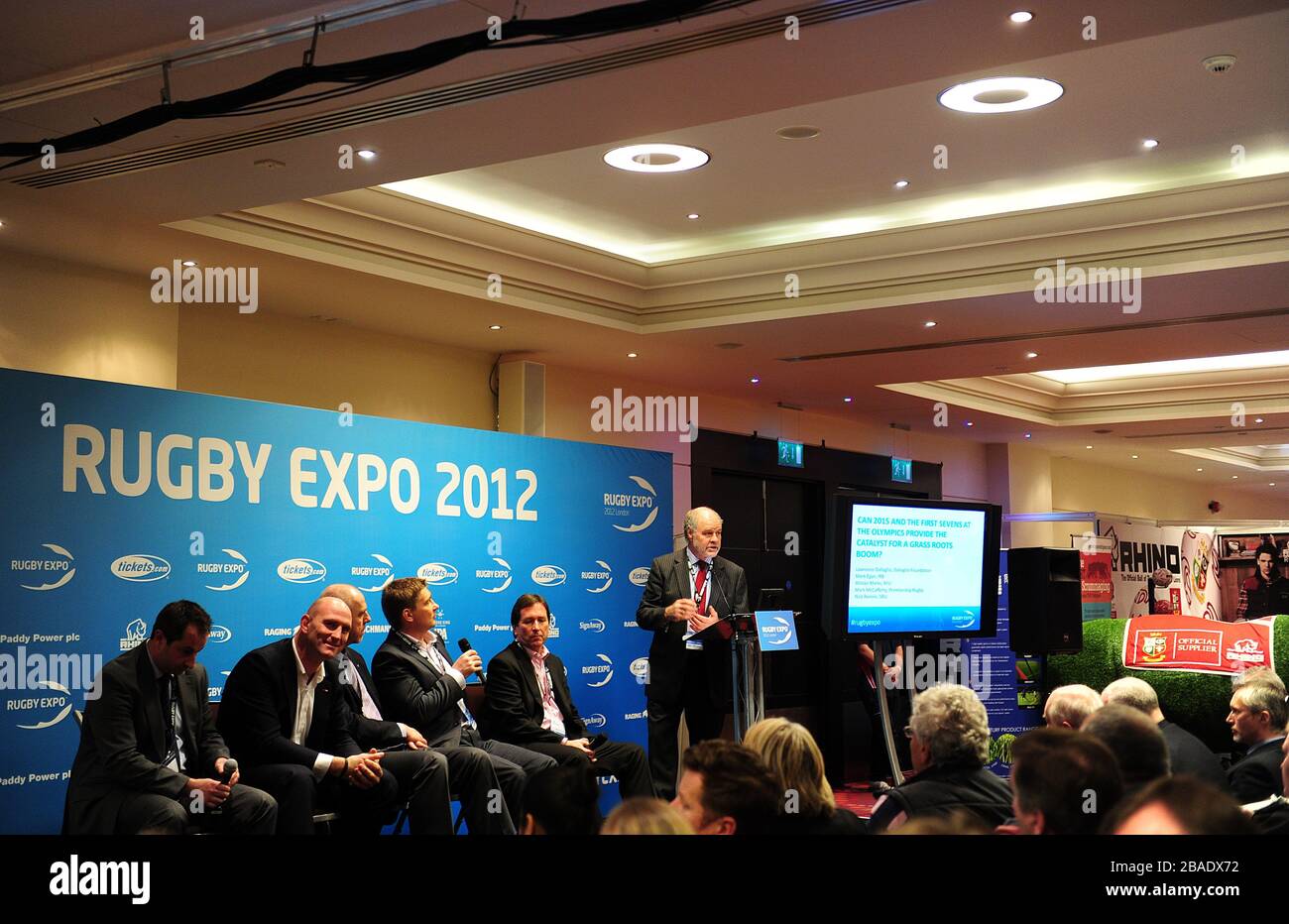 TalkSport's John Taylor (centre) hosts a talk with (left to right) Head of Rugby Growth for the RFU Alistair Marks, Former England captain Lawrence Dallaglio, Mark Egan from the IRB, SRU's Nick Rennie and Mark Mccafferty from Premiership Rugby during Day Two of the Rugby Expo 2012 Stock Photo