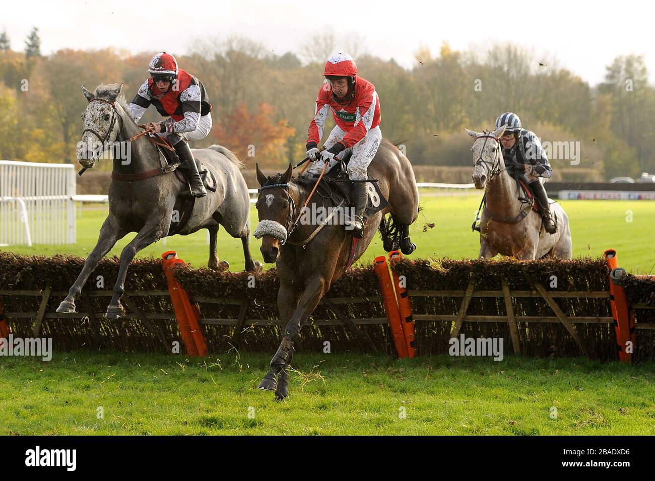 Buddy Love ridden by Alain Cawley (left), Rulbin Realta ridden by Colin Bolger and Lisselan Pleasure ridden by Donal Fahy (right) in action in the William Hill 'the Jumps' Enter Today Mares' Novices' Hurdle Stock Photo