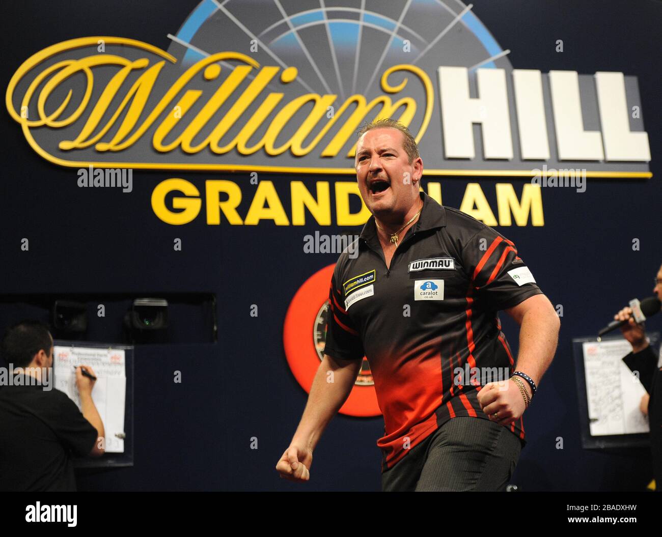 Dean Winstanley celebrates during his match against Kevin Painter. Stock Photo