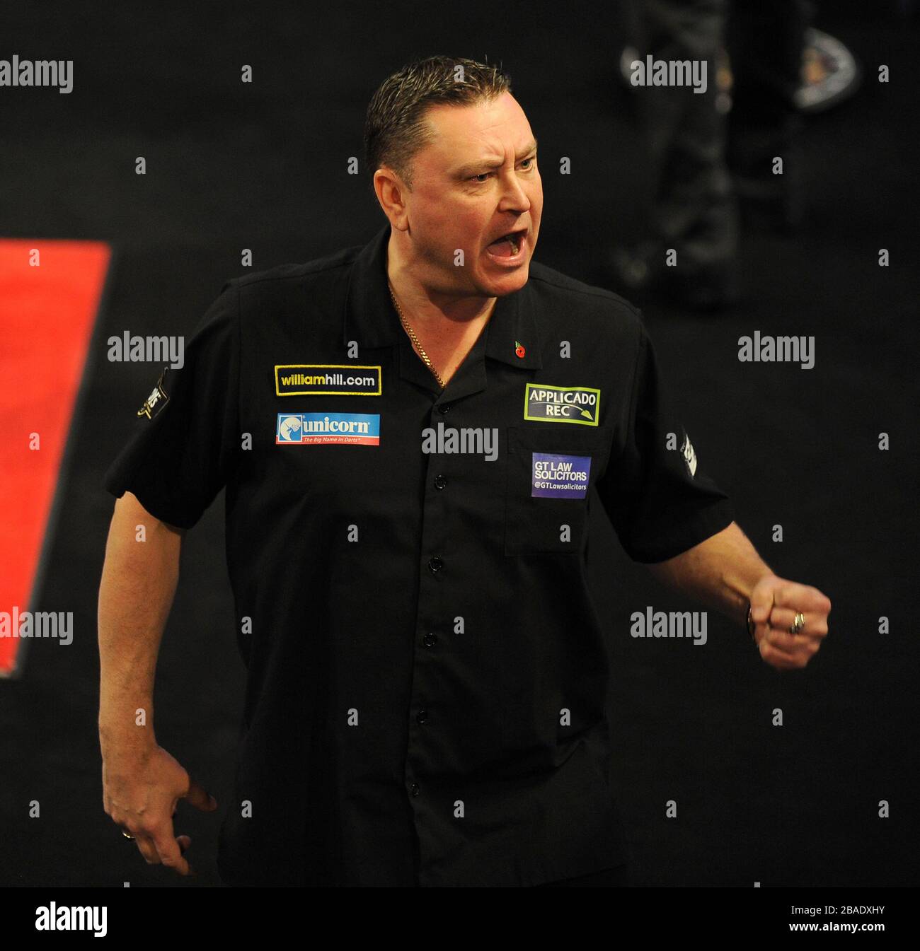 Kevin Painter celebrates during his match against Dean Winstanley. Stock Photo
