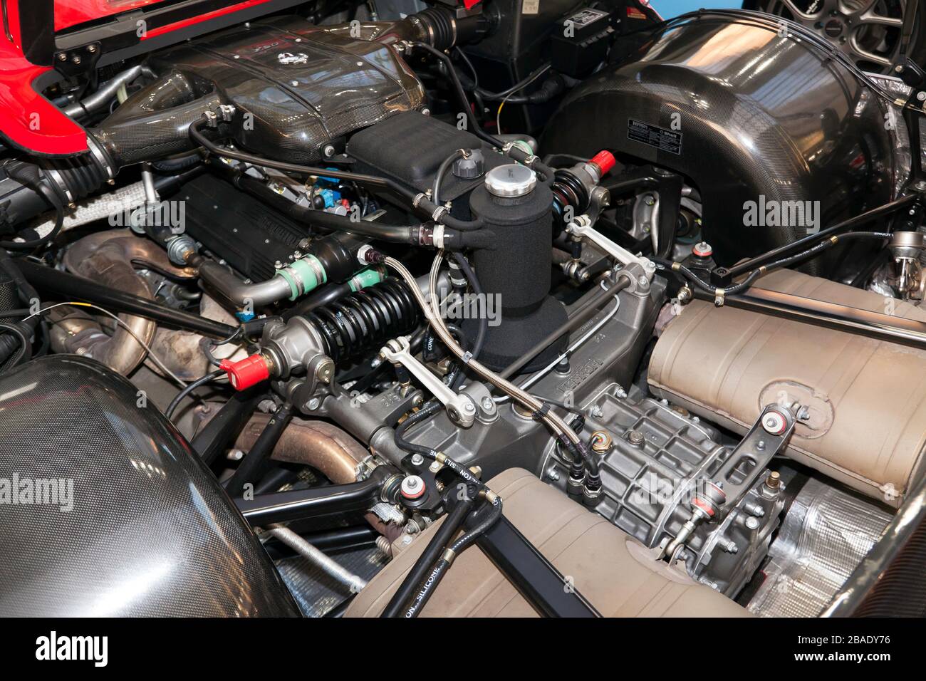 Close-up of the Engine bay of a Ferrari F50, on the Joe Macari  Stand, of the 2020 London Classic Car Show Stock Photo