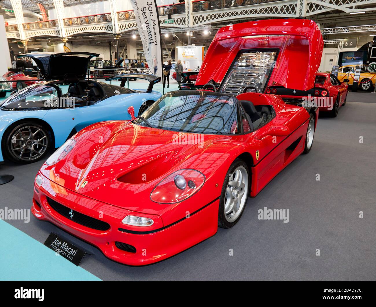 Three-quarters front view of a Ferrari F50 on  the Joe Macari  Stand, of the 2020 London Classic Car Show Stock Photo