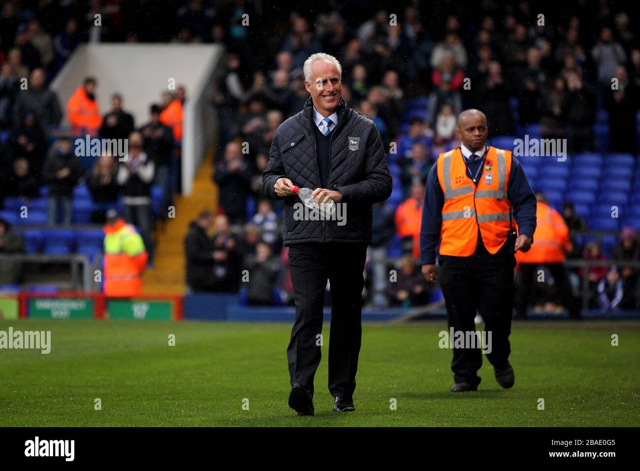 Ipswich Town manager Mick McCarthy walks along the touchline as he takes charge of his first home match Stock Photo