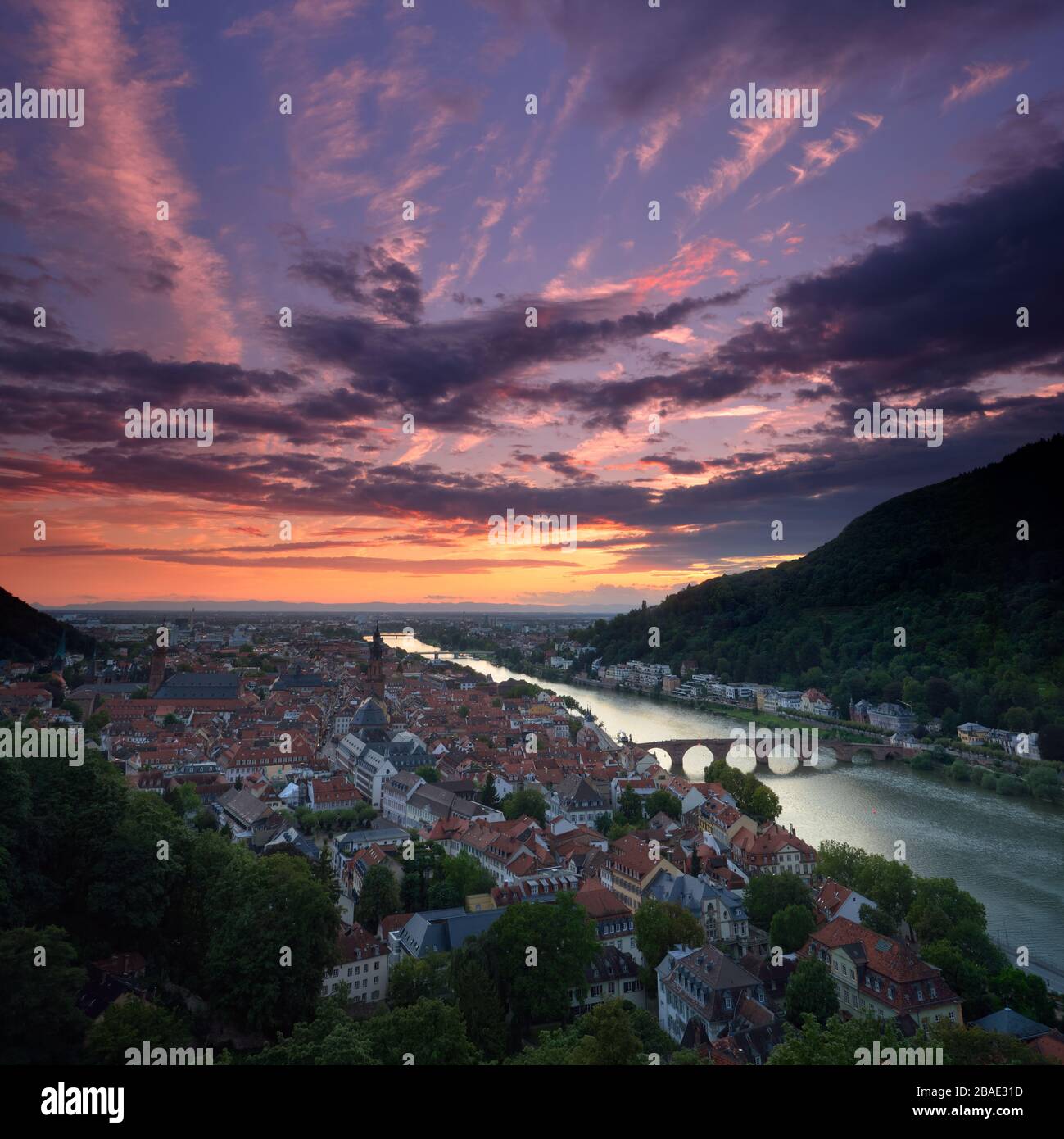Beautiful aerial view of Heidelberg, Germany, at a tranquil yet dramatic sunset Stock Photo