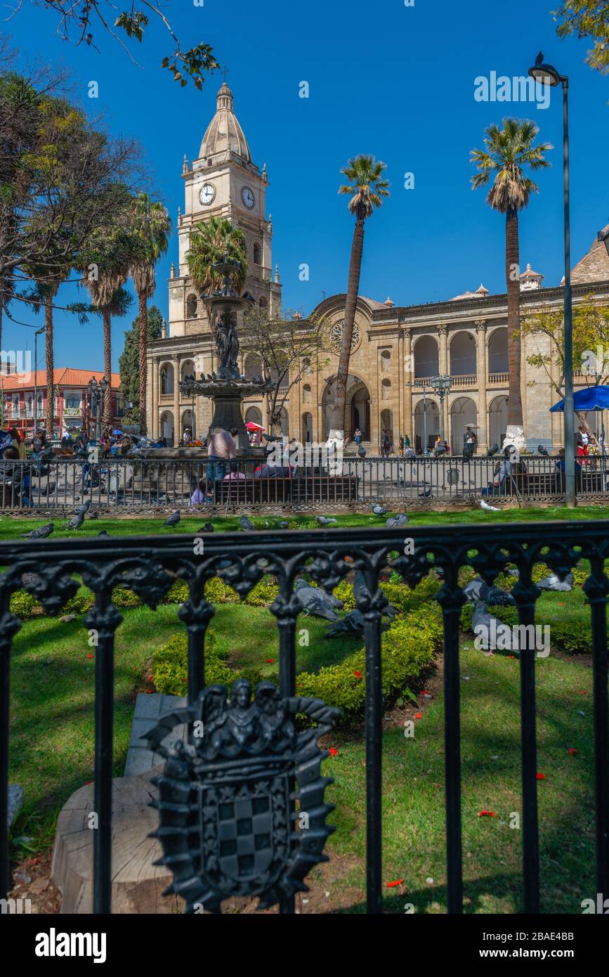 Plaza 14 de Septiembre, or Main Square of 14 September with the Metropolitan Cathedral, La Catedral Metropolitana, Cochabamba, Bolivia, Latin America, Stock Photo