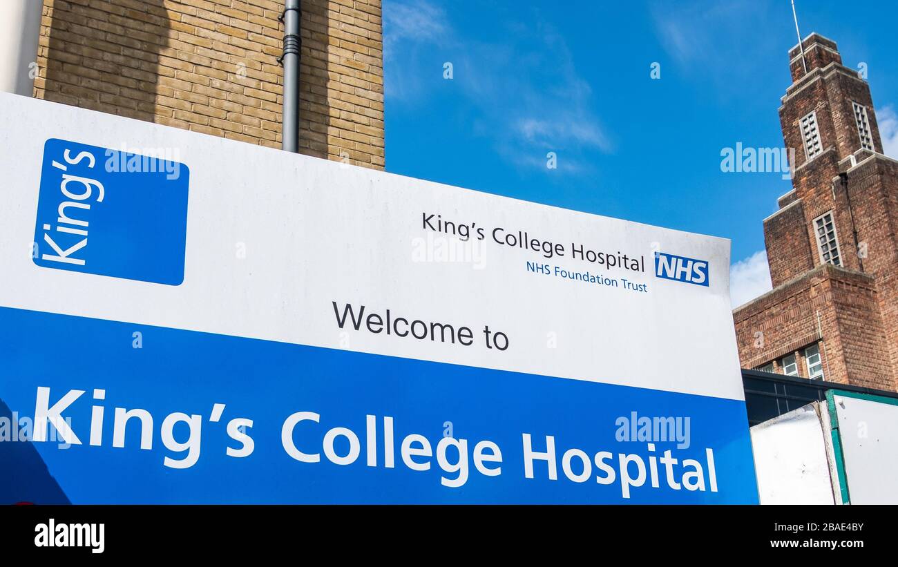 Kings Collage Hospital exterior signage- a large NHS hospital in Camberwell, Southwark Stock Photo