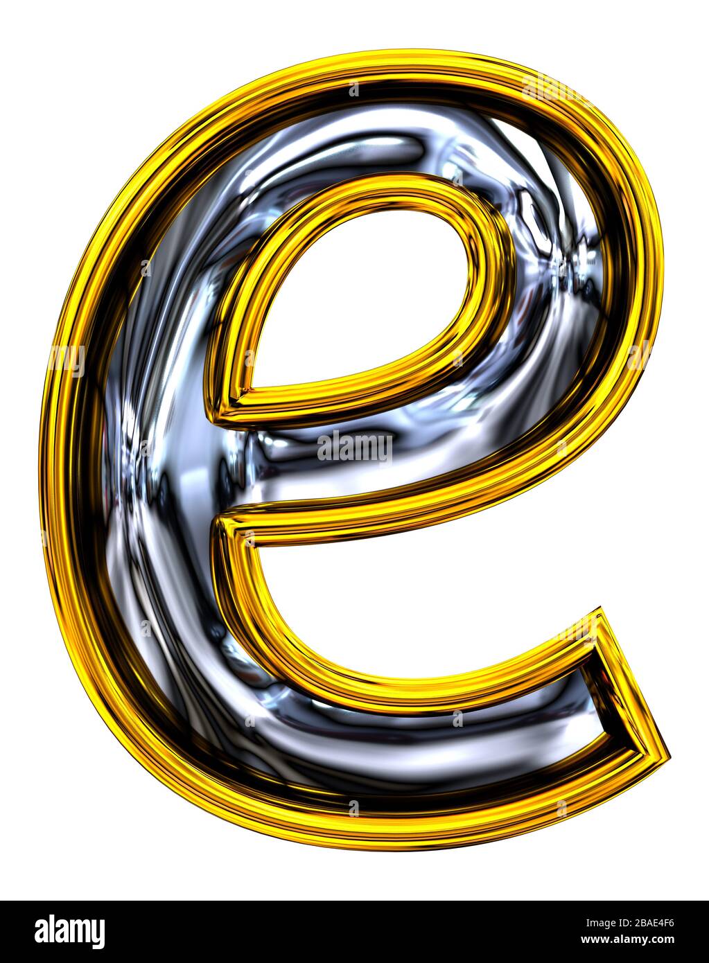 3D rendering. Lowercase Letter e. Clean Door number style font. Embossed steel light. Clear high resolution ABC render.  Gold rimmed. Isolated on whit Stock Photo