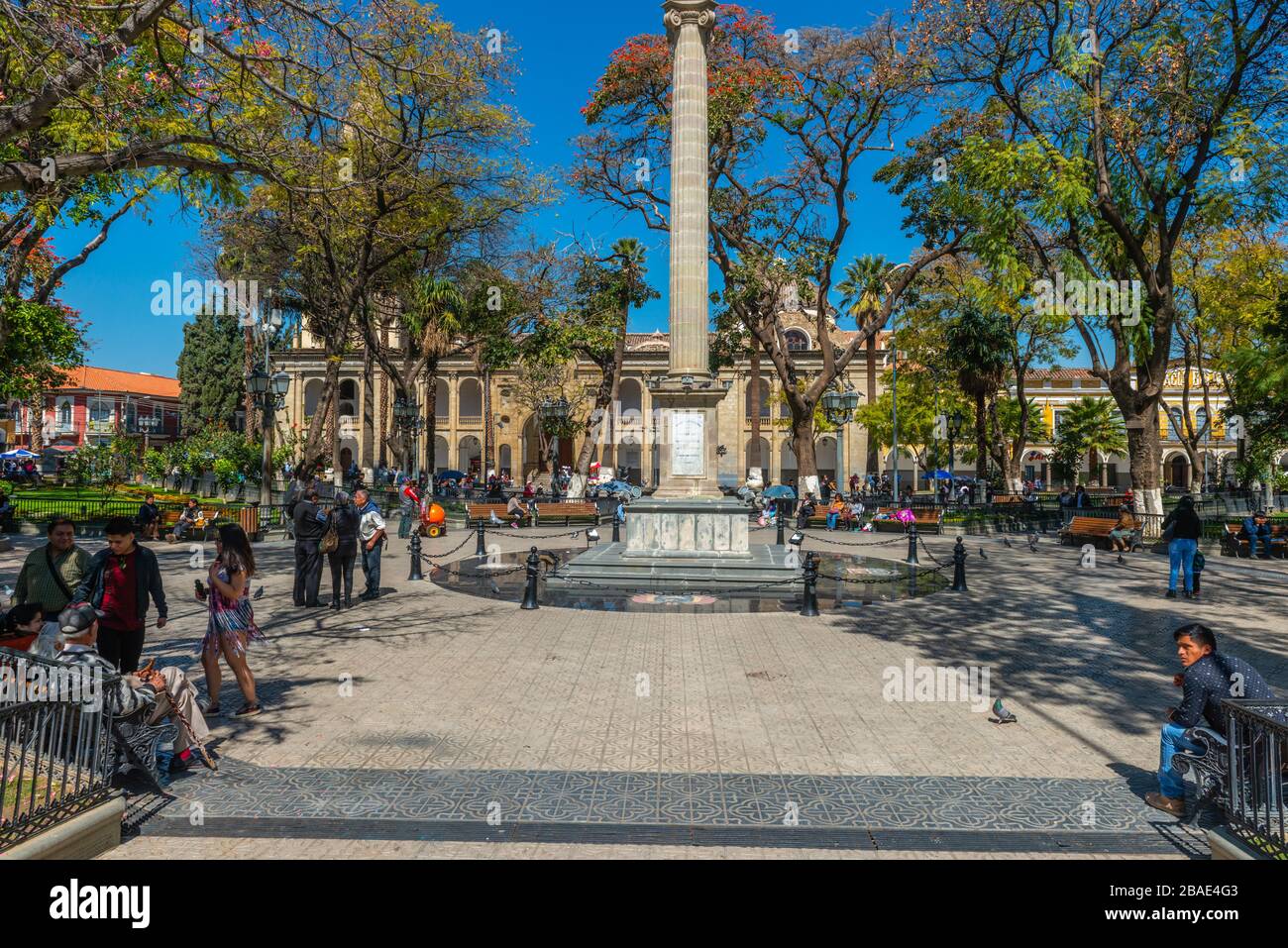 Plaza 14 de Septiembre, or Main Square of 14 September with the Metropolitan Cathedral, La Catedral Metropolitana, Cochabamba, Bolivia, Latin America, Stock Photo