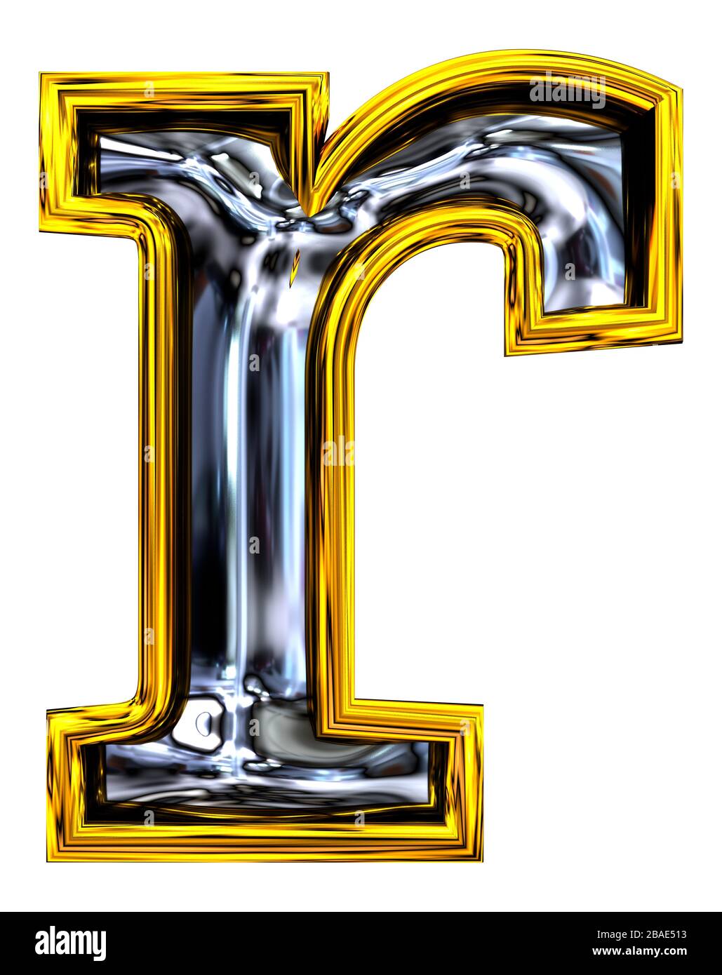 3D rendering. Lowercase Letter r. Pristine high resolution ABC render.  Recent Door number style font. Embossed steel inspire. Gold rimmed. Isolated o Stock Photo
