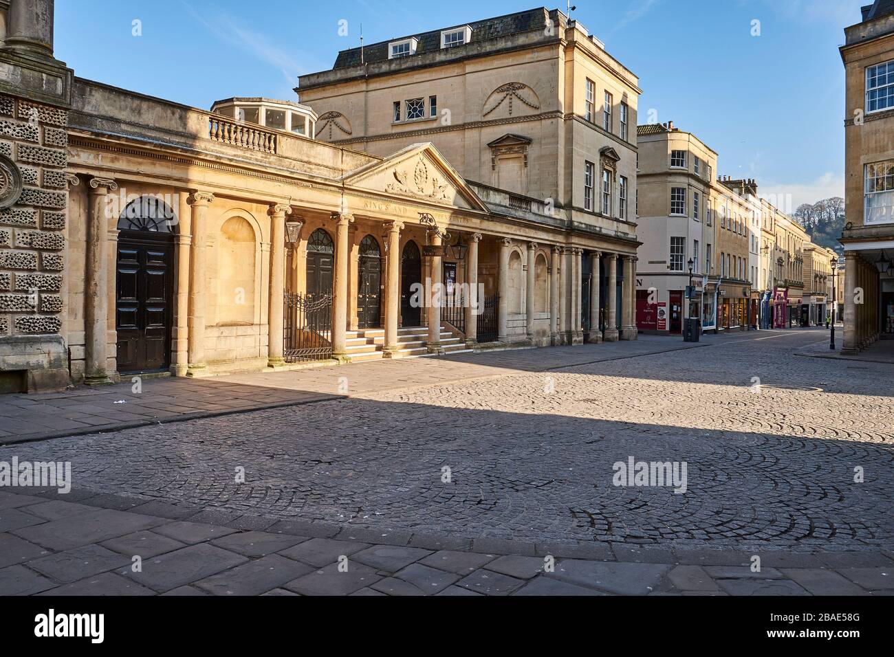 Bath, Somerset, England - March 26, 2020: The tourist city of Bath is deserted during the Coronavirus outbreak. The Royal Baths and Southgate Stock Photo