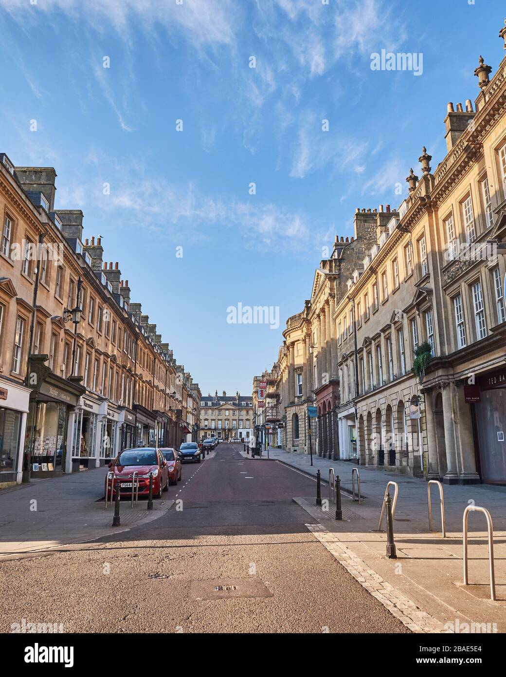 Bath, Somerset, England - March 26, 2020: The tourist city of Bath is deserted during the Coronavirus outbreak. Milsom Street Stock Photo