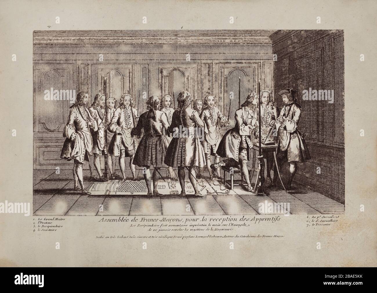 Freemason's meeting for the Entered Apprentice of new members. Candidate entrance to the Lodge. Engraving of the 18th century. Stock Photo