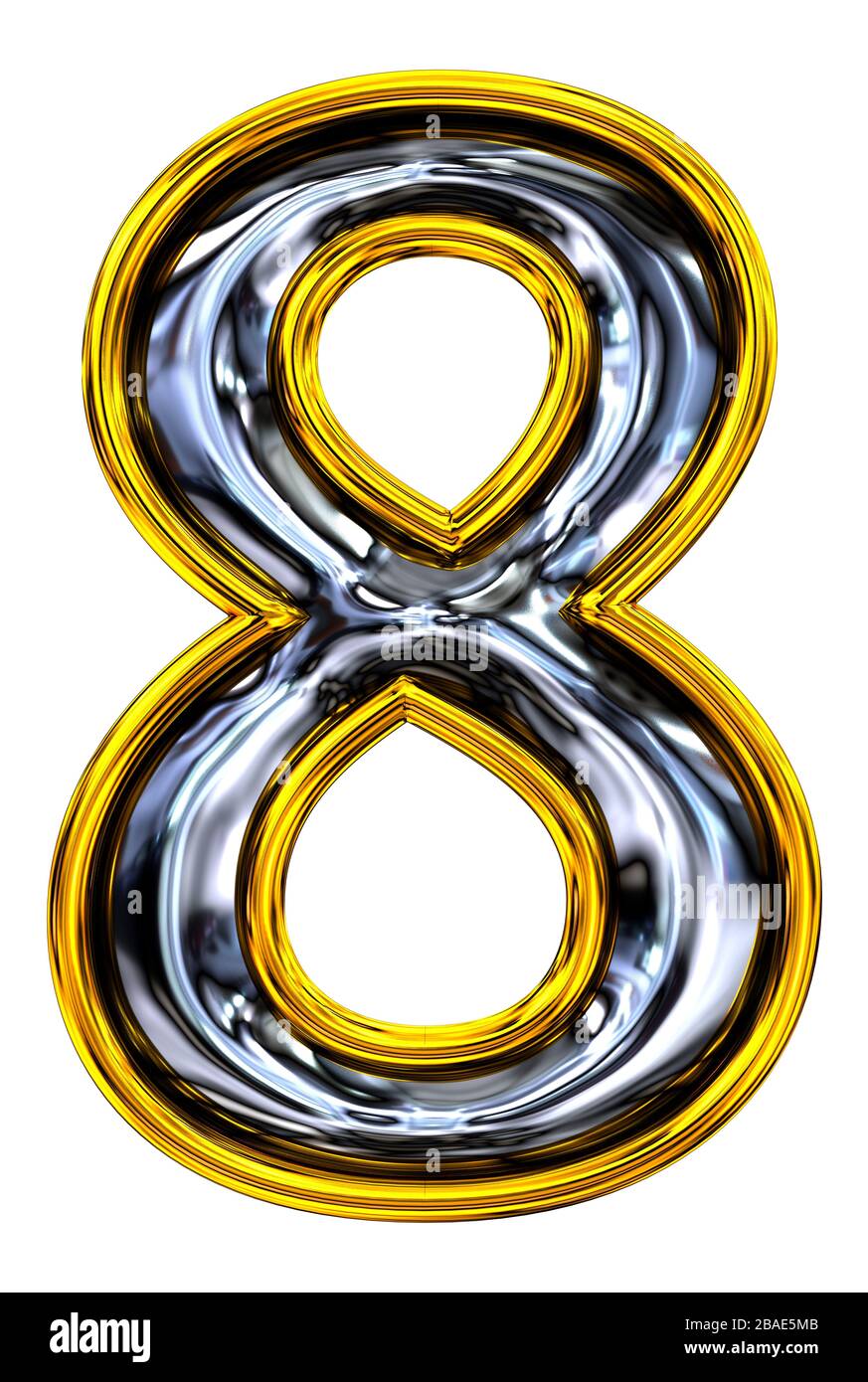 3D rendering, number eight 8. Clear high resolution ABC render.  Cool Door number style font. Embossed steel blend. Gold rimmed. Isolated on white bac Stock Photo