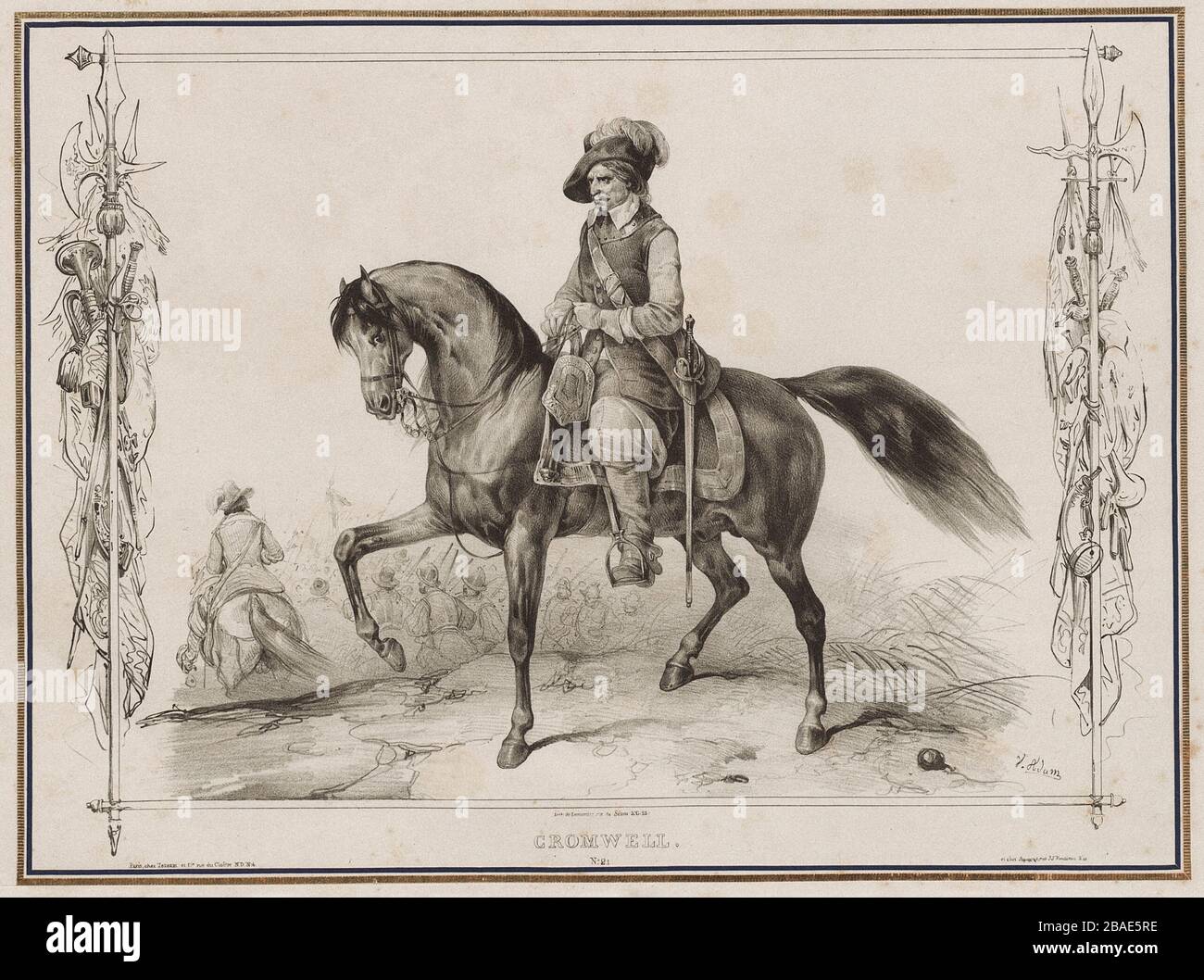 Portrait of Oliver Cromwell on horseback (1599 – 1658) an English general and statesman who led the Parliament of England's armies against King Charle Stock Photo