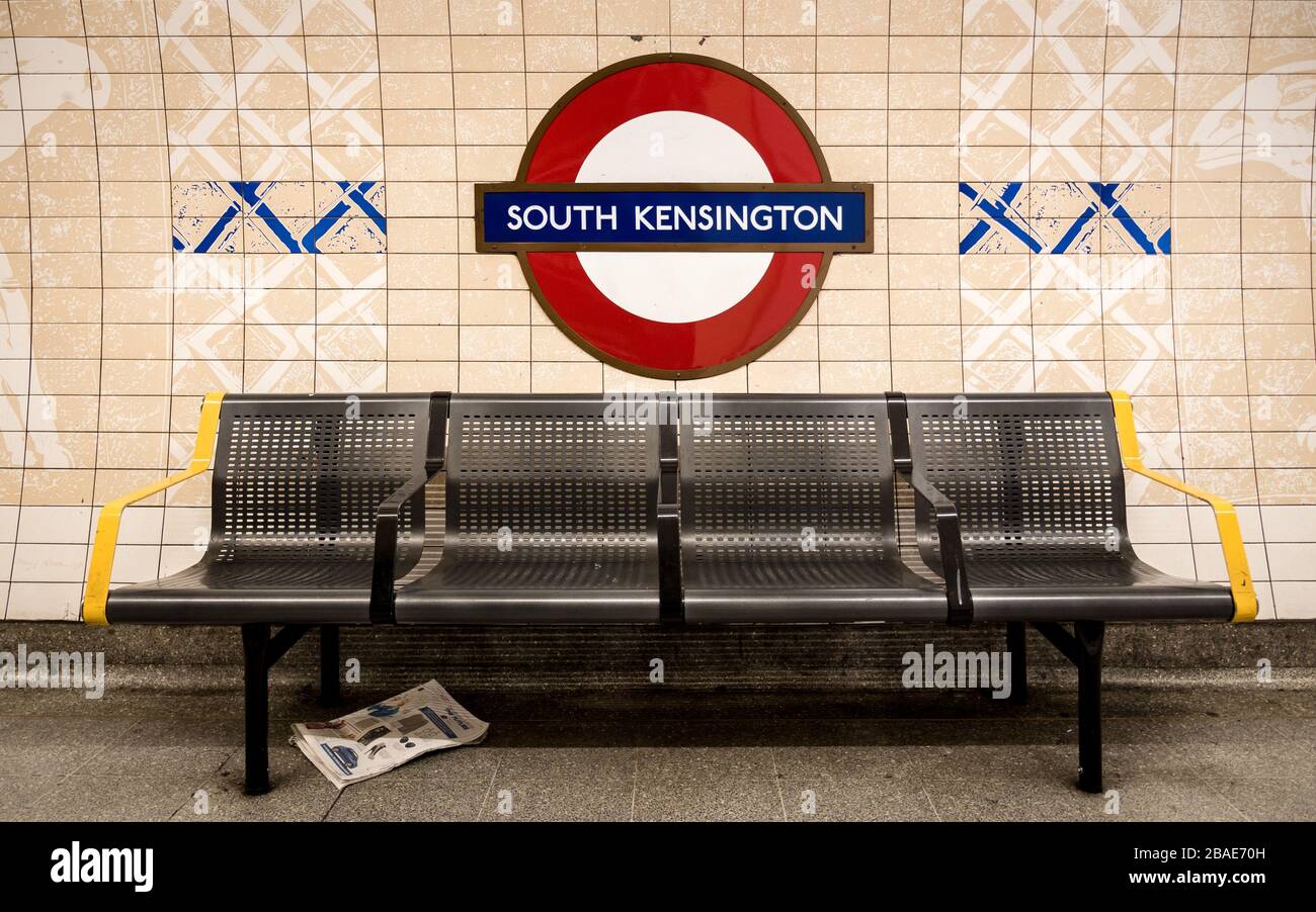 South Kensington tube station, London. The London Underground roundel sign for the West London district known for its museums and gardens. Stock Photo