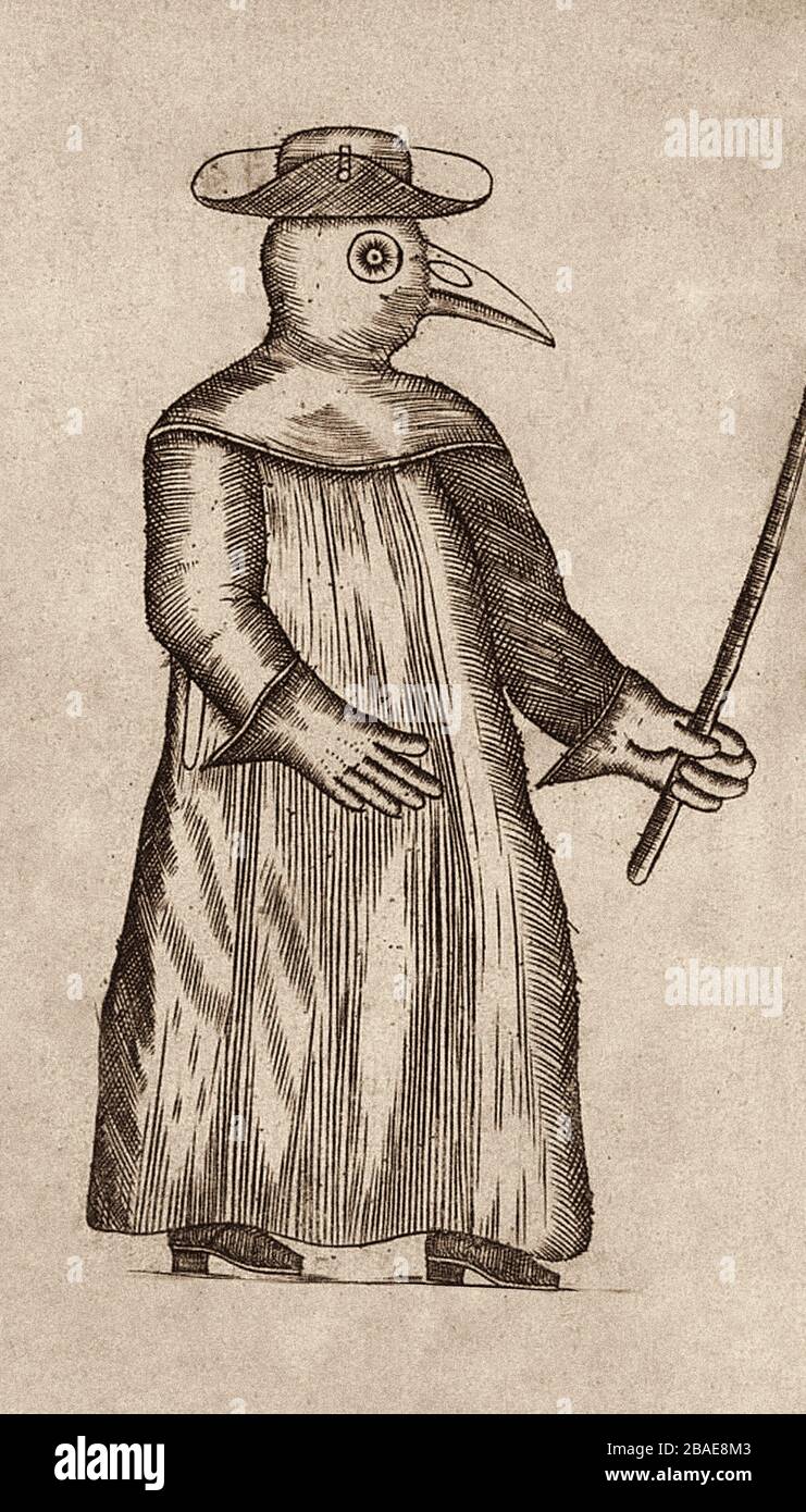 Medieval engraving of a plaque doctor. A plague doctor was a medical physician who treated victims of the bubonic plague. In times of epidemics, these Stock Photo