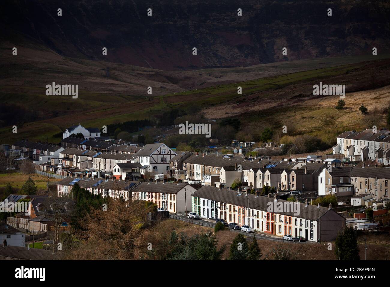 Rhondda Valley village of Cwmparc with terraces of miners cottages, Wales, UK Stock Photo