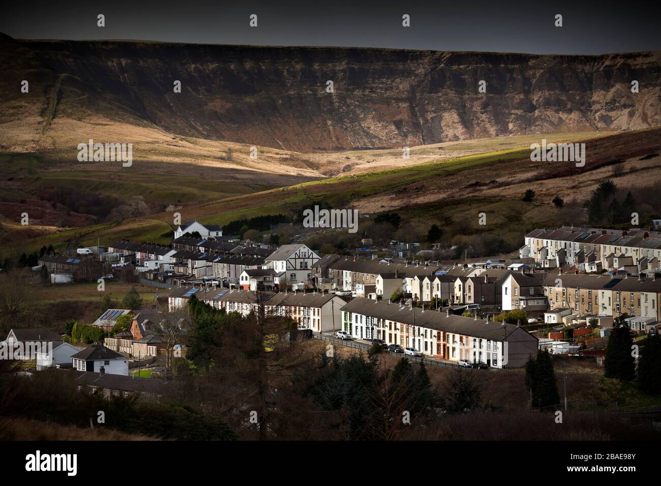 Rhondda Valley village of Cwmparc with terraces of miners cottages, Wales, UK Stock Photo