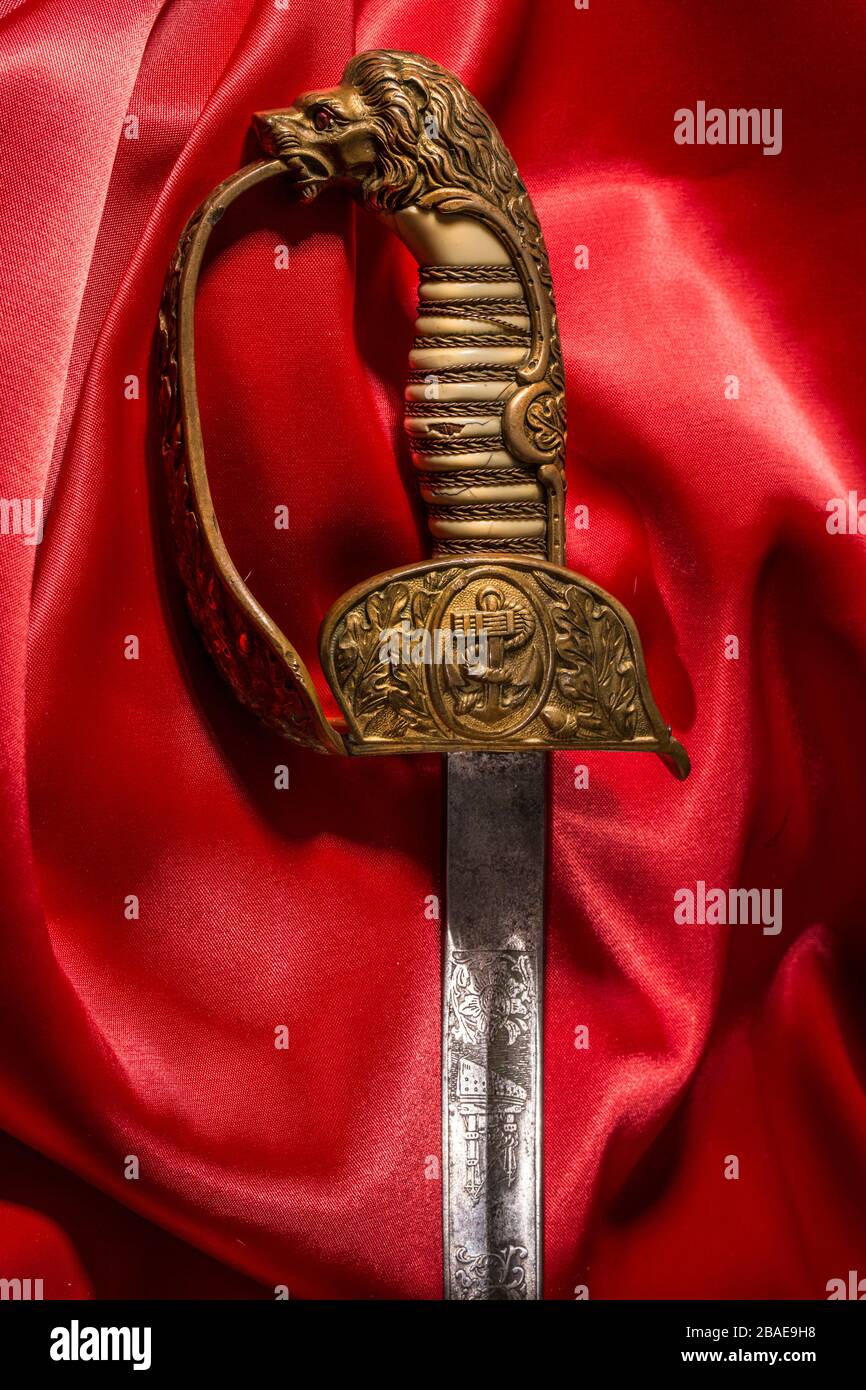 Beautiful example of English naval officer sabre on red silk background. 19th century. Great Britain Stock Photo