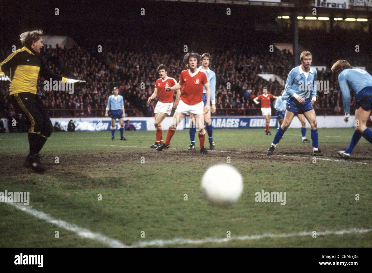 Nottingham Forest's Garry Birtles and Stan Bowles watch the ball go wide of the Ajax goal. Stock Photo