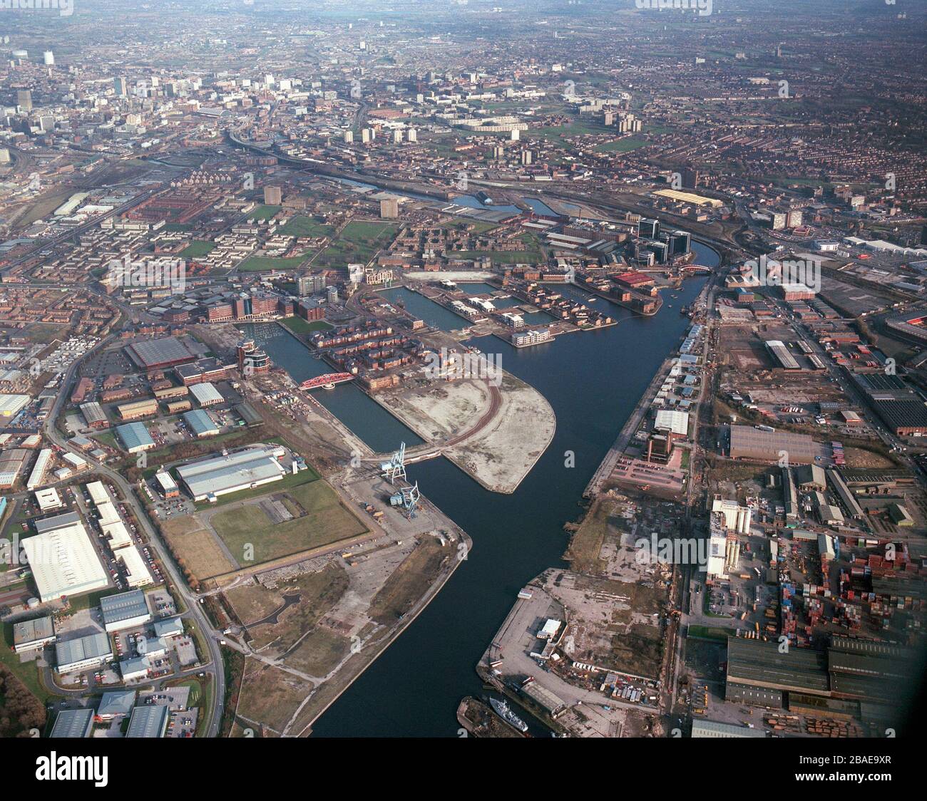 Salford Quays in 1992, showing the very early days of development ...