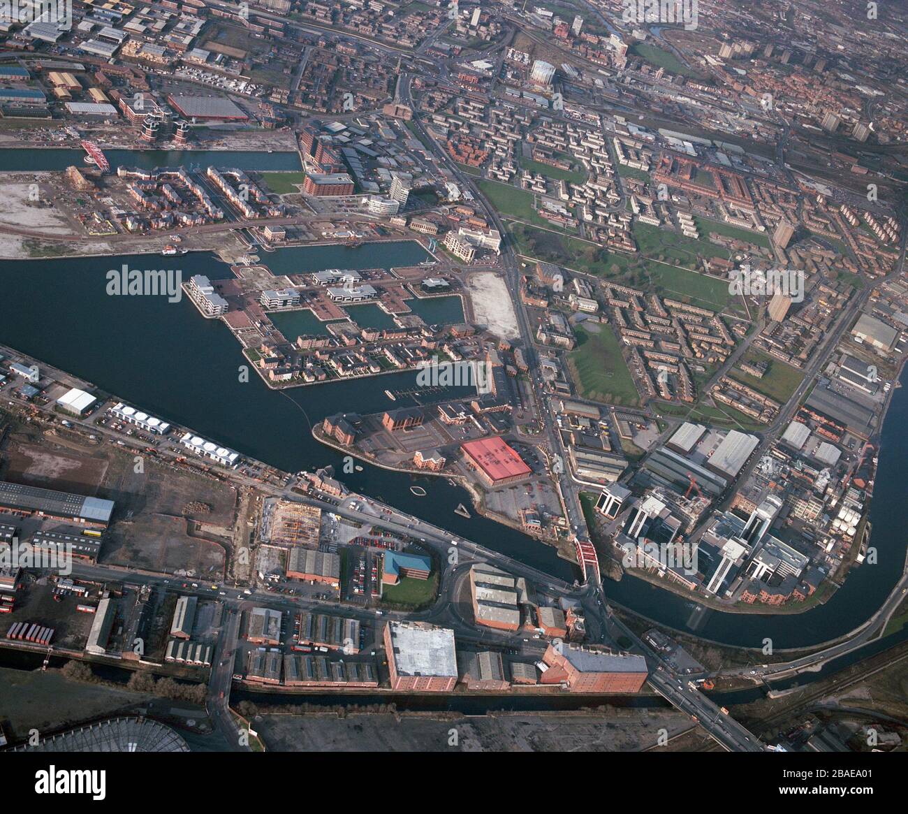 Salford Quays in 1992, showing the very early days of development ...