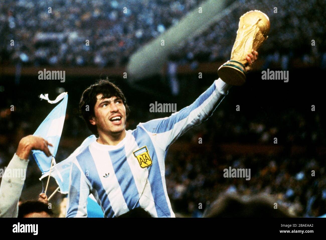 Argentina's Daniel Passarella holds up the trophy after beating The Netherlands in the final Stock Photo