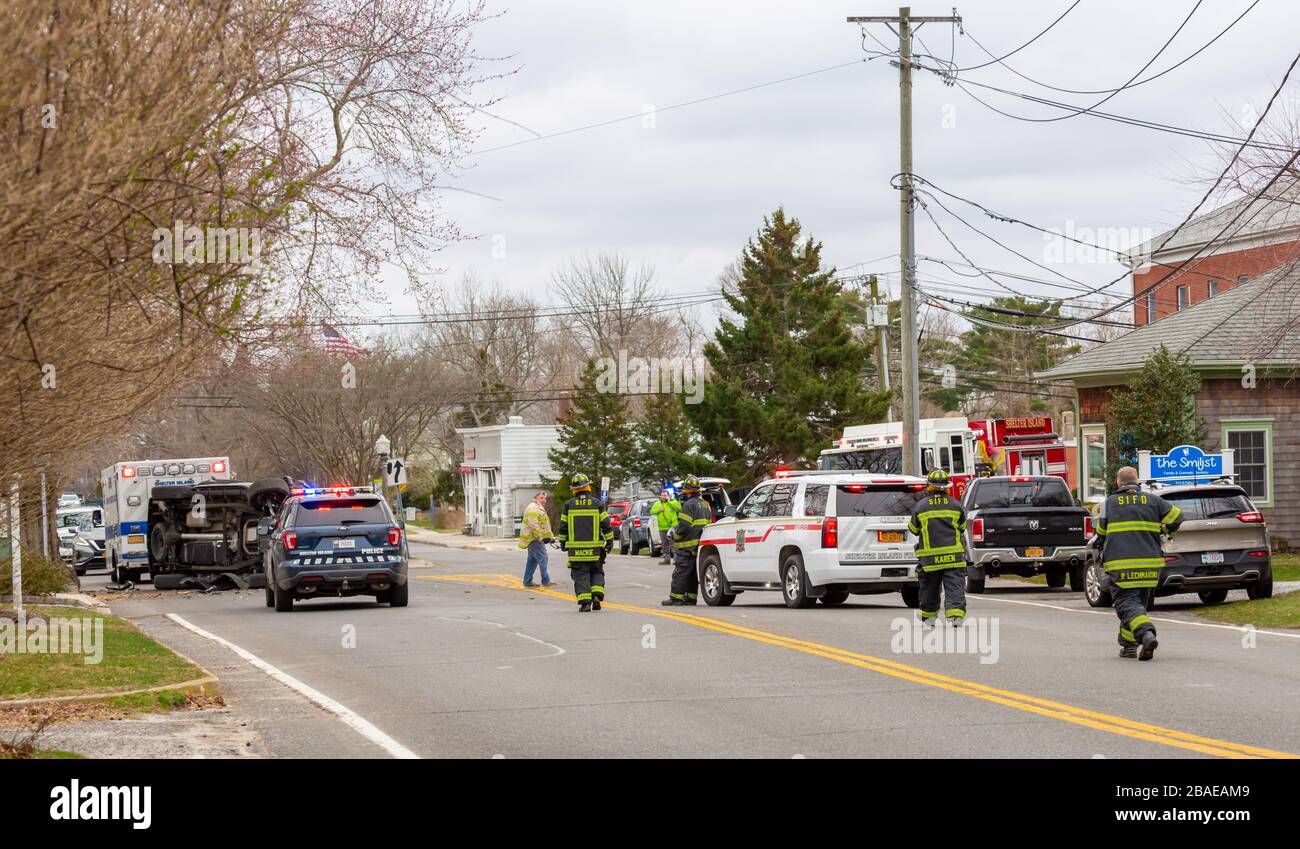 Motor vehicle accident on 114 in Shelter Island, NY Stock Photo