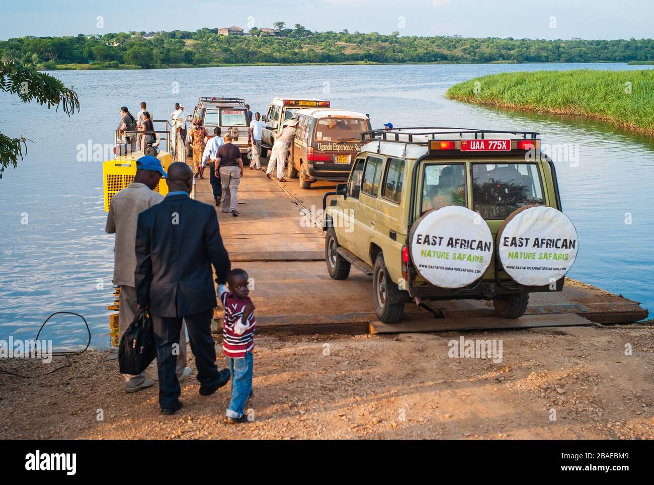 Paraa Ferry Terminal, Uganda - July 17 2011: Paraa or Parra Vehicle Ferry Crossing the Victoria Nile in Murchison Falls National Park, Uganda, Africa. Stock Photo