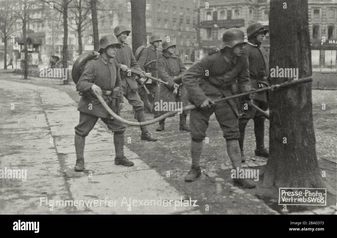 Flame thrower squad of Freikorps Potsdam. Germany. Weimar Republic. 1919 Stock Photo