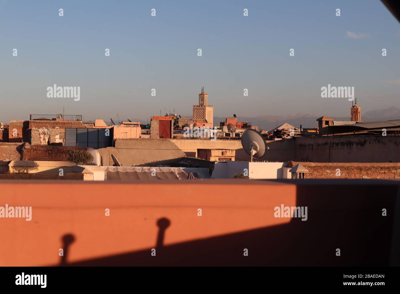 View from Riad Rooftop garden towards the Atlas Mountains Marrakesh, Morocco Stock Photo