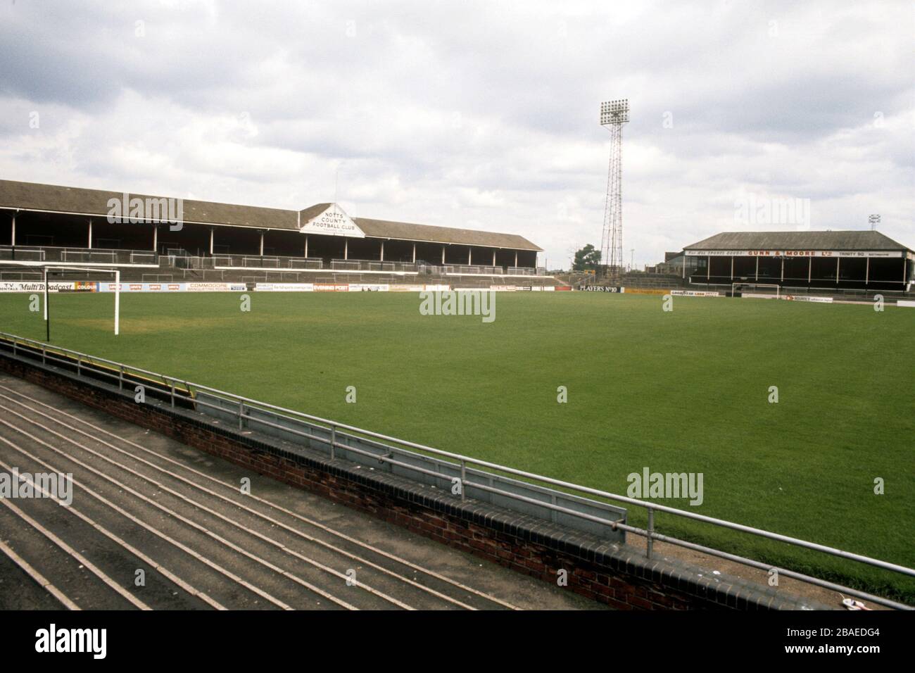 View of Meadow Lane, showing the County Road stand, built in 1923 and knocked down in 1992 and the Meadow Lane stand (r) which was brought over from Trent Bridge Cricket ground when the club moved to Meadow Lane in 1910. It was eventually knocked down in 1978. Stock Photo