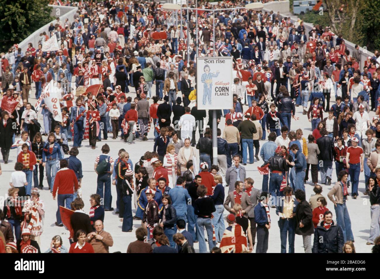 Liverpool fans on Wembley Way ahead of the final against Belgium side Club Brugge. Liverpool would go on to win the game 1-0 thanks to a Kenny Dalglish (not pictured) goal. Stock Photo