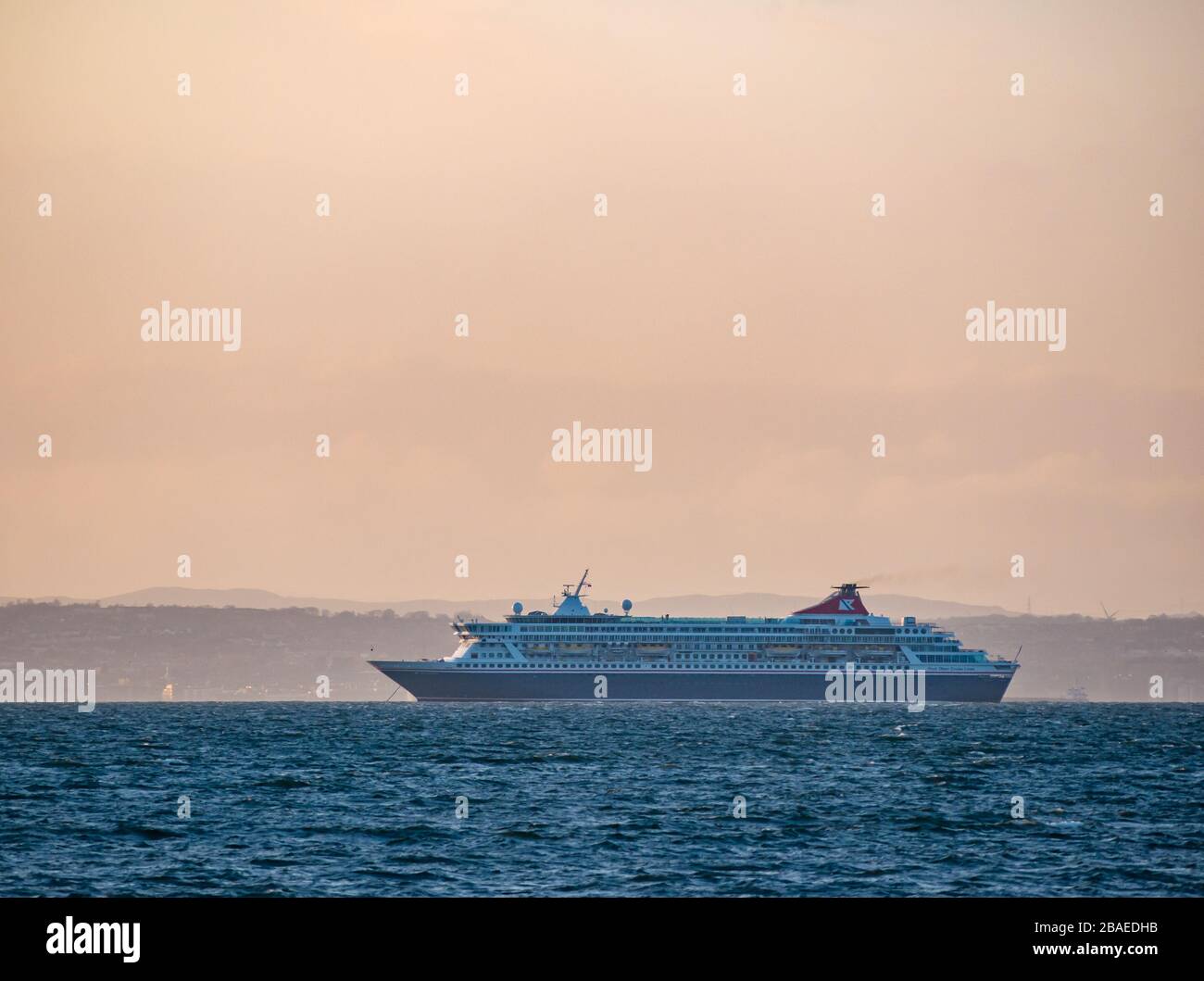 Fred Olsen cruise ship MV Balmoral out of service anchored in Firth of Forth during Covid-19 Coronavirus pandemic, Scotland, UK Stock Photo