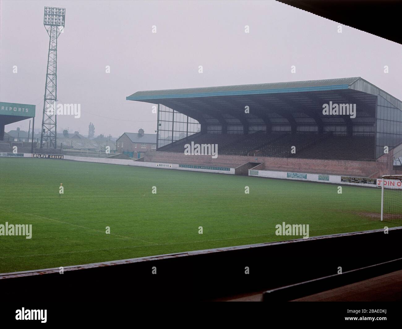 General view of the East Stand at The Old Showground, home of Scunthorpe United. The Cantilever structure was the the first of it's type, built in 1958 Stock Photo