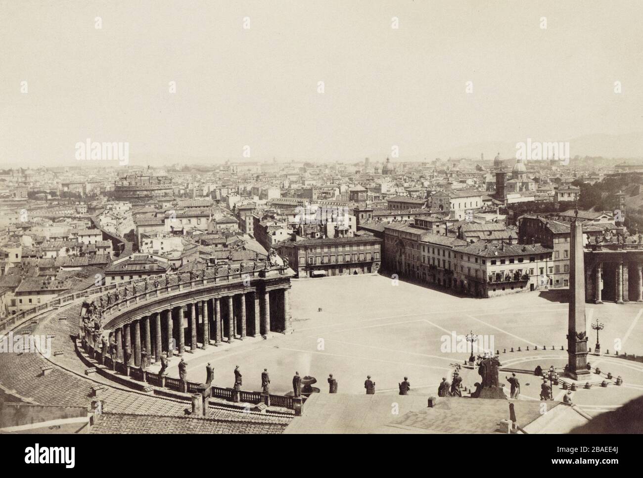 19th century image of St. Peter's Square, a large plaza located directly in front of St. Peter's Basilica in the Vatican City, the papal enclave insid Stock Photo