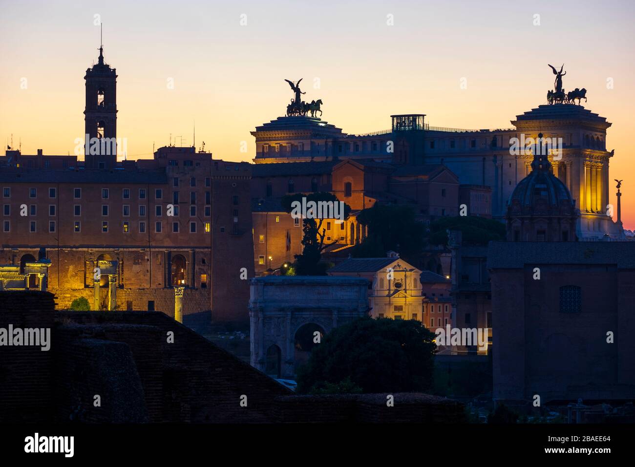 Twilight view of the Roman Forum and Capitoline hill. Rome, Italy Stock Photo