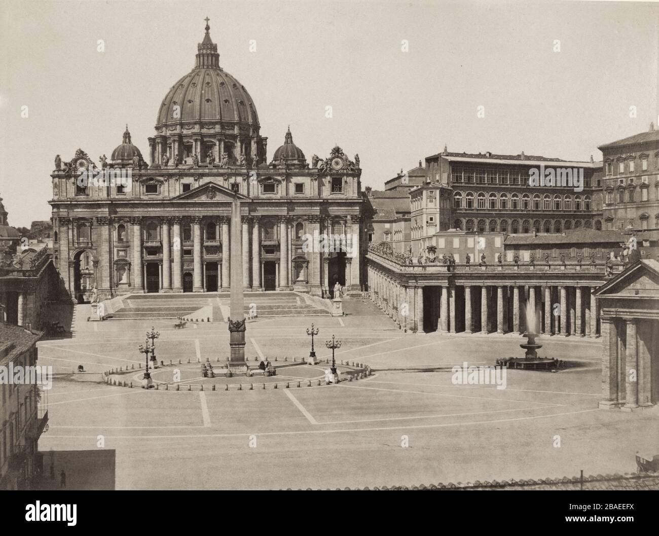 19th century image of the Papal Basilica of Saint Peter in the Vatican, or simply Saint Peter's Basilica, is a church built in the Renaissance style l Stock Photo